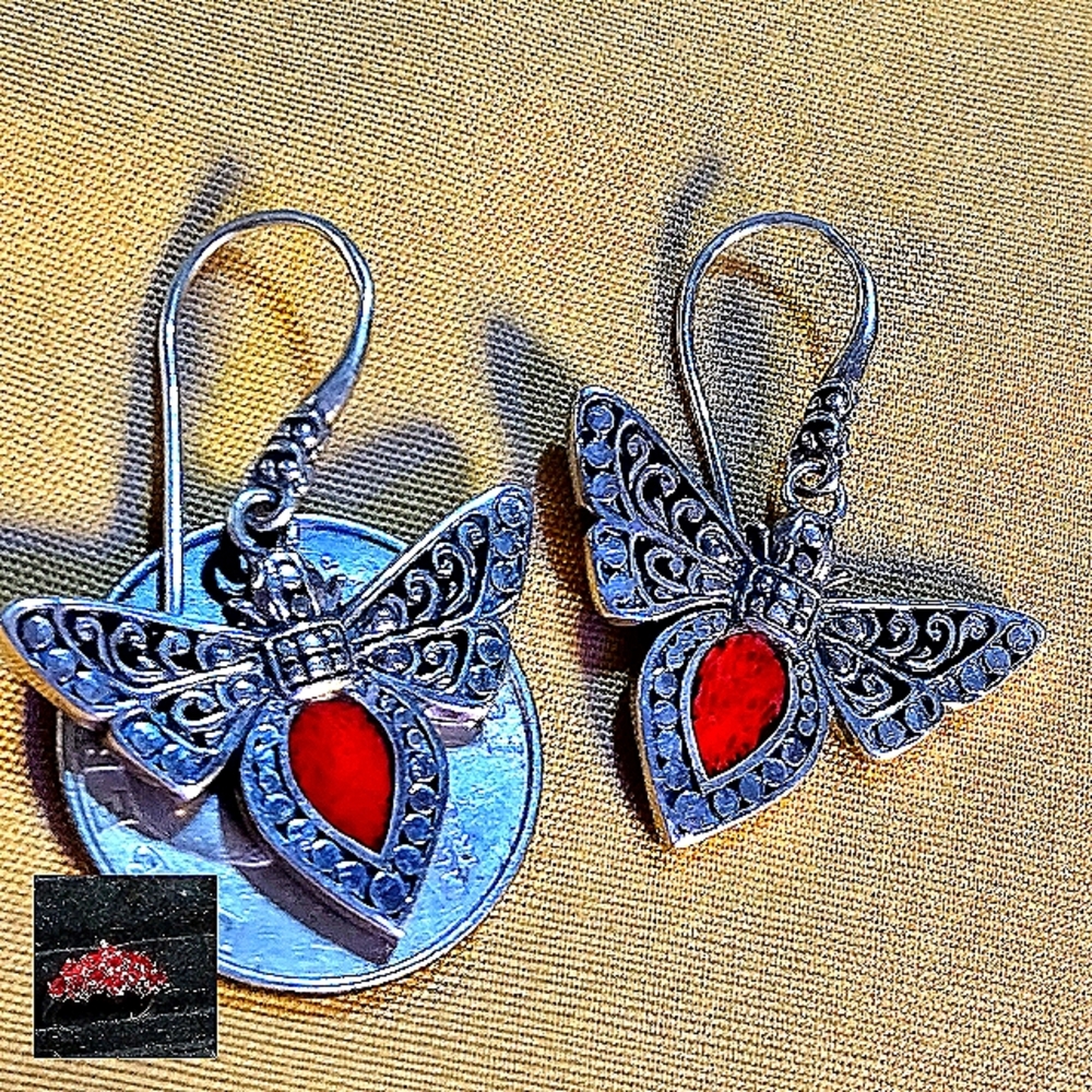 NWT- THICK STERLING, NATURAL CORAL INLAY, BUTTERFLY MOTIF EARRINGS. FILIGREE.1-5
